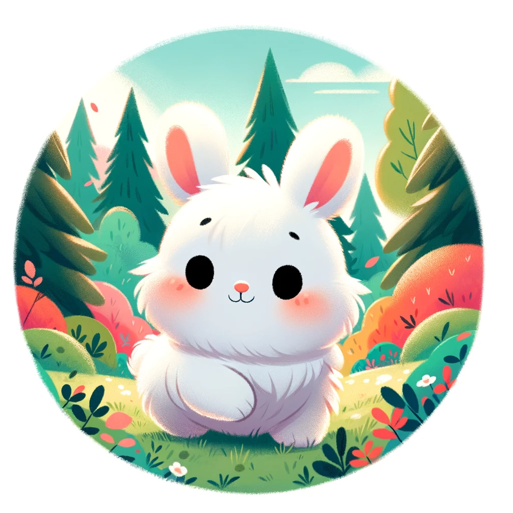 DALL·E 2024-02-18 17.04.22 - The protagonist is a small rabbit named Mofi Mofi is an energetic young rabbit with fluffy white fur and big curious eyes This illustration is part of a picture book for infants set i.jpeg