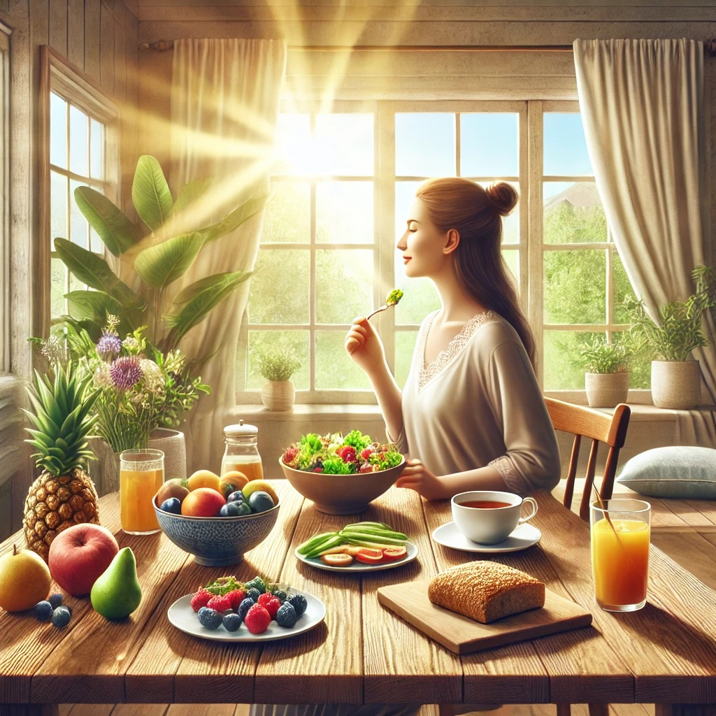 DALL·E 2025-01-29 12.56.50 - An illustration of a peaceful morning scene featuring a woman sitting at a wooden dining table, enjoying a healthy meal. The table is set with fresh f.jpg