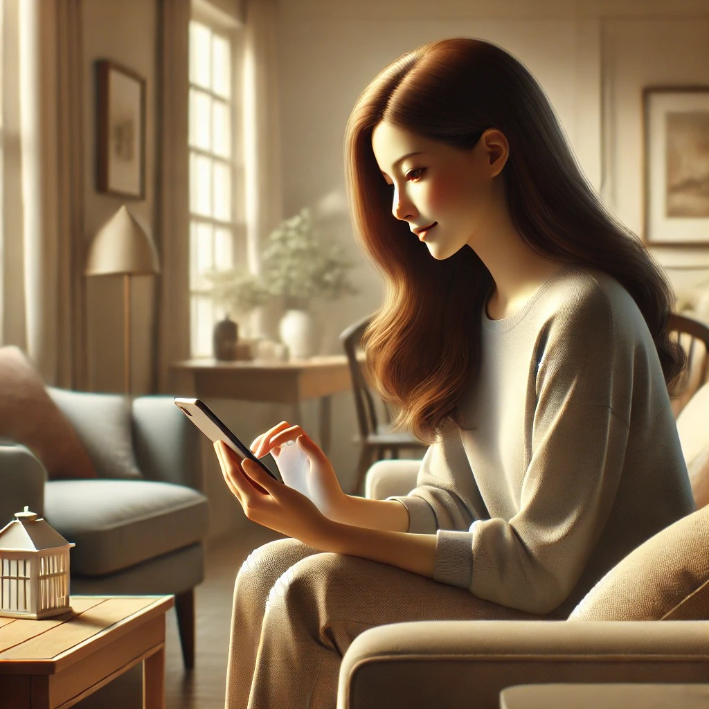 DALL·E 2026-01-06 11.25.19 - A calm, realistic illustration of a woman using her smartphone to look something up while sitting in a living room. She is focused on the screen with .jpg