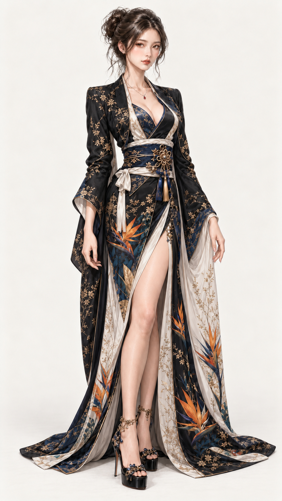 金刺繍が輝く黒紺の着物ドレス姿.png