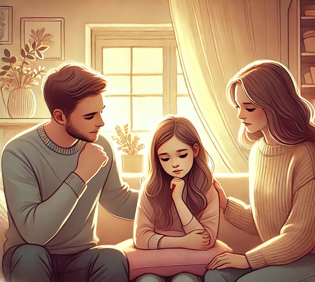 DALL·E 2025-10-22 11.35.08 - A warm, realistic illustration of loving parents listening kindly to their daughter as she shares her worries. They sit together in a cozy living room.jpg