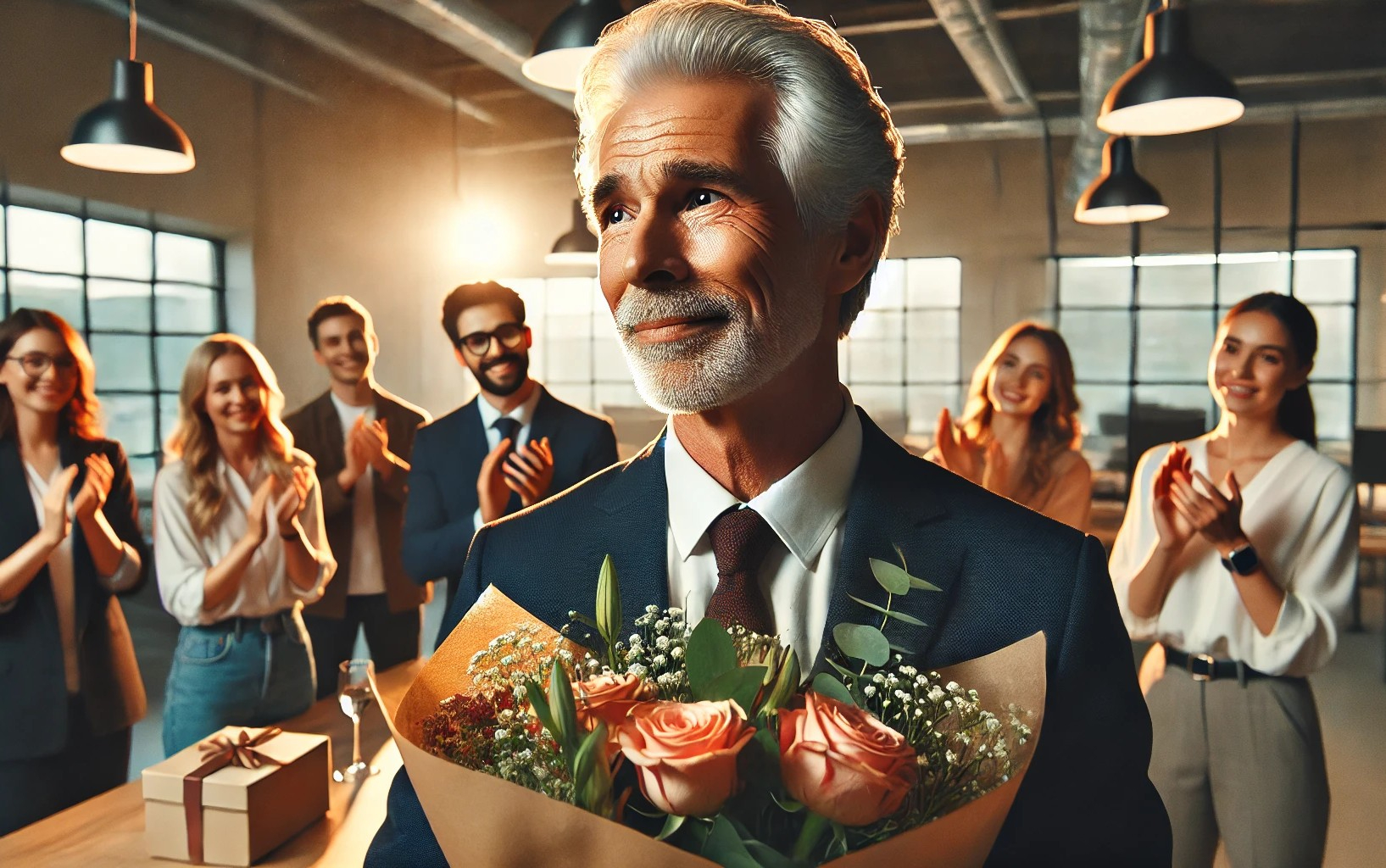DALL·E 2025-07-08 22.06.53 - An emotional retirement scene where a man in his 60s stands in a modern office lobby, holding a bouquet of flowers given by his former colleagues. He .jpg