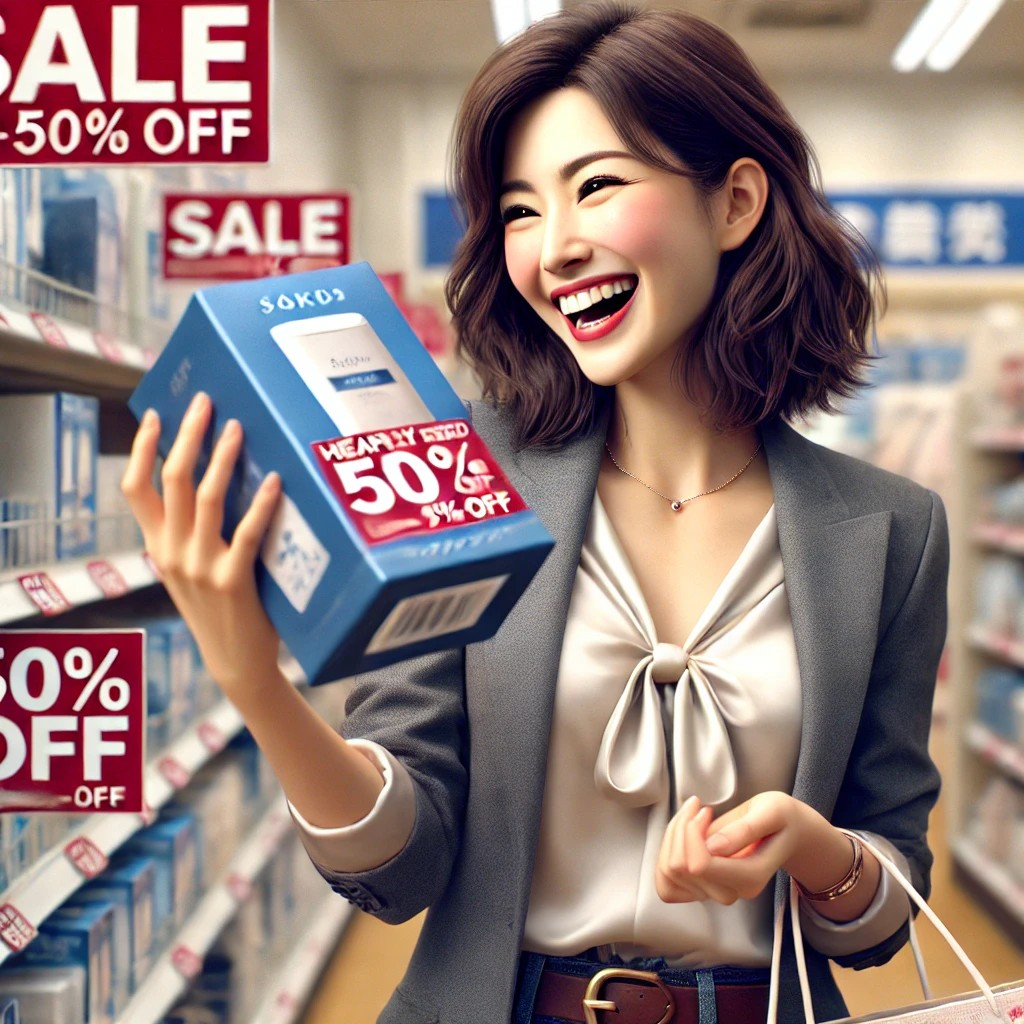 DALL·E 2025-09-12 19.53.07 - A photorealistic and cheerful image of a Japanese woman in her 30s, dressed in modern Western-style clothing, joyfully discovering a heavily discounte.jpg