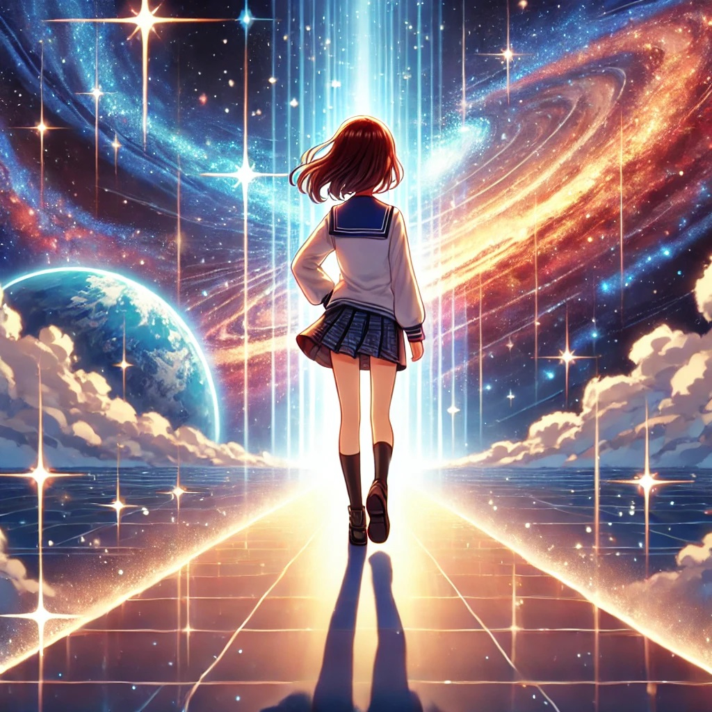 DALL·E 2025-03-02 20.21.48 - An anime-style illustration of a determined young woman standing at the edge of a glowing cosmic pathway. She gazes forward with confidence, ready to .jpg