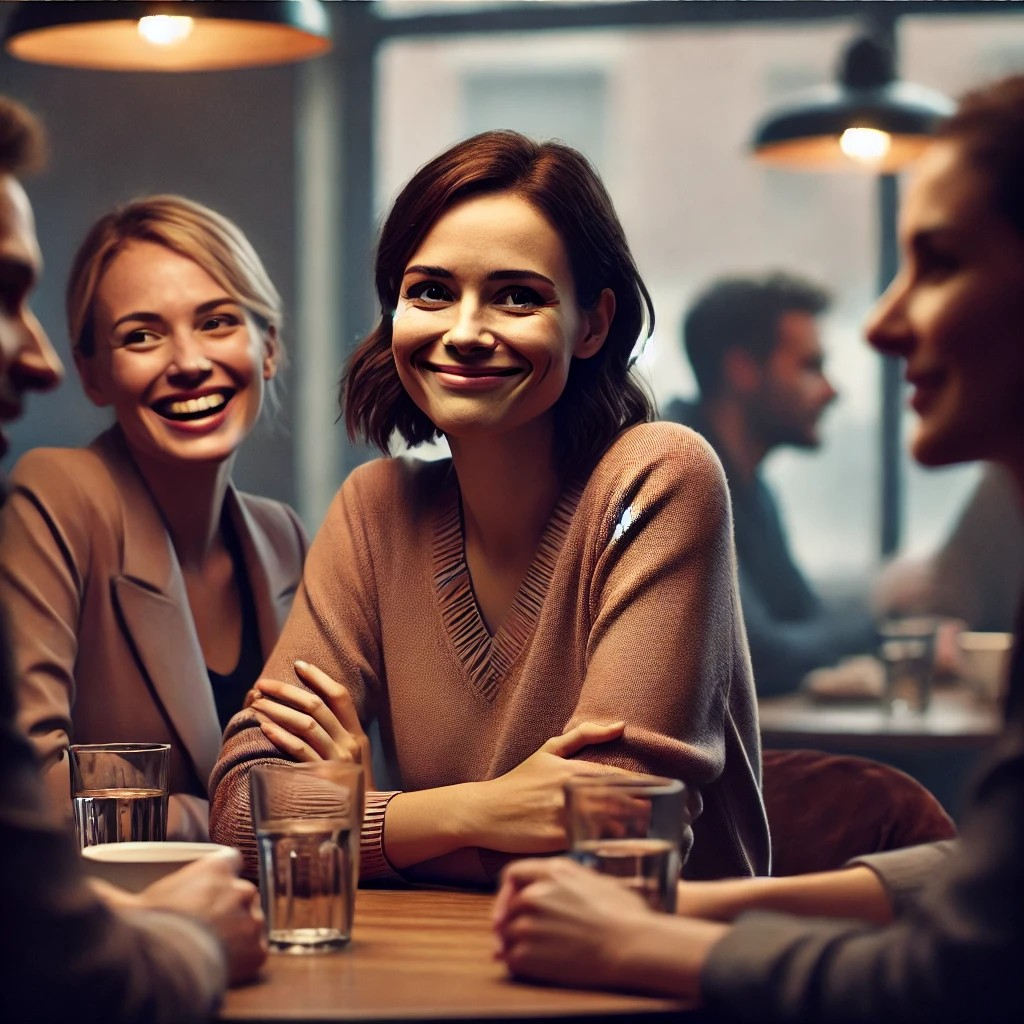 DALL·E 2025-12-28 14.07.42 - A realistic café scene where a woman is talking with her friends while wearing a forced, polite smile. She is seated at a table with friends, engaging.jpg
