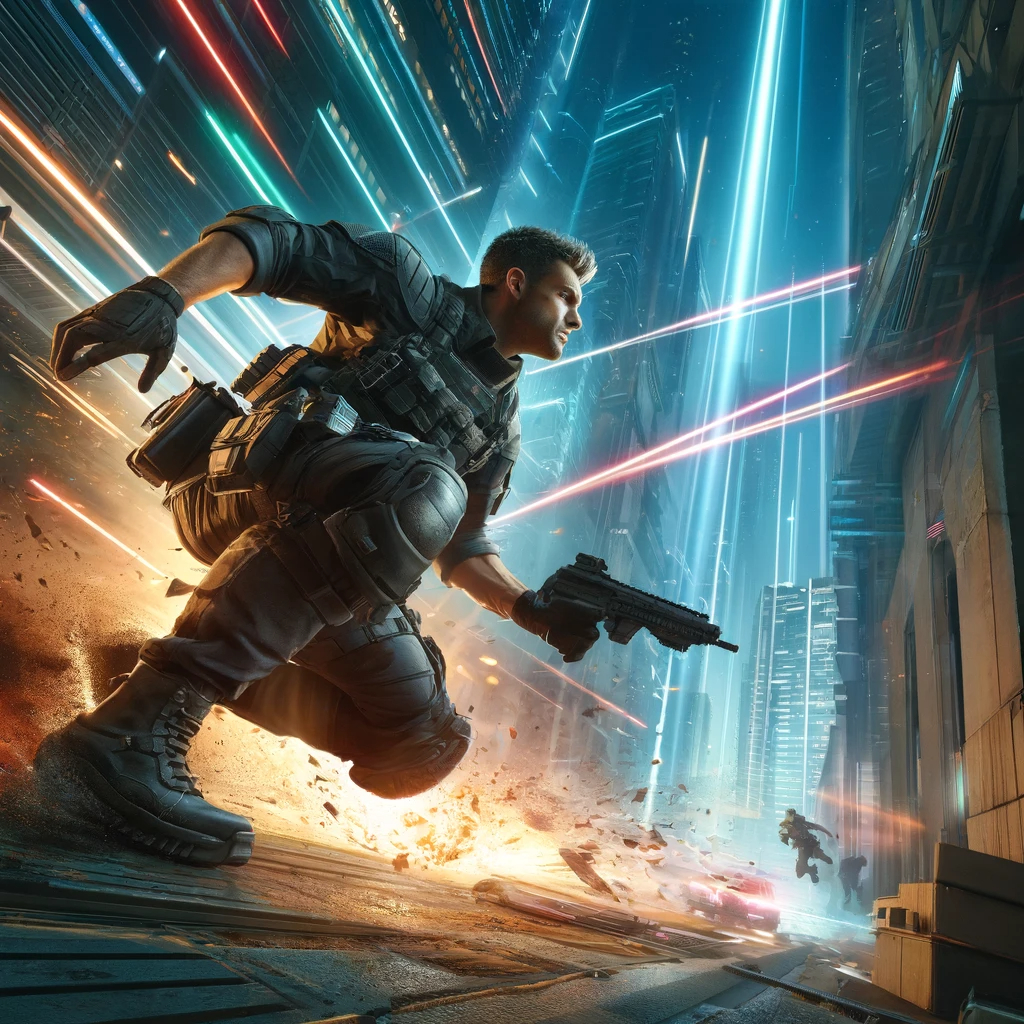 DALL·E 2024-04-11 08.47.05 - An action-packed scene depicting a man skillfully dodging an enemy's attack in a futuristic cityscape. The man is in mid-action, performing an agile m.png