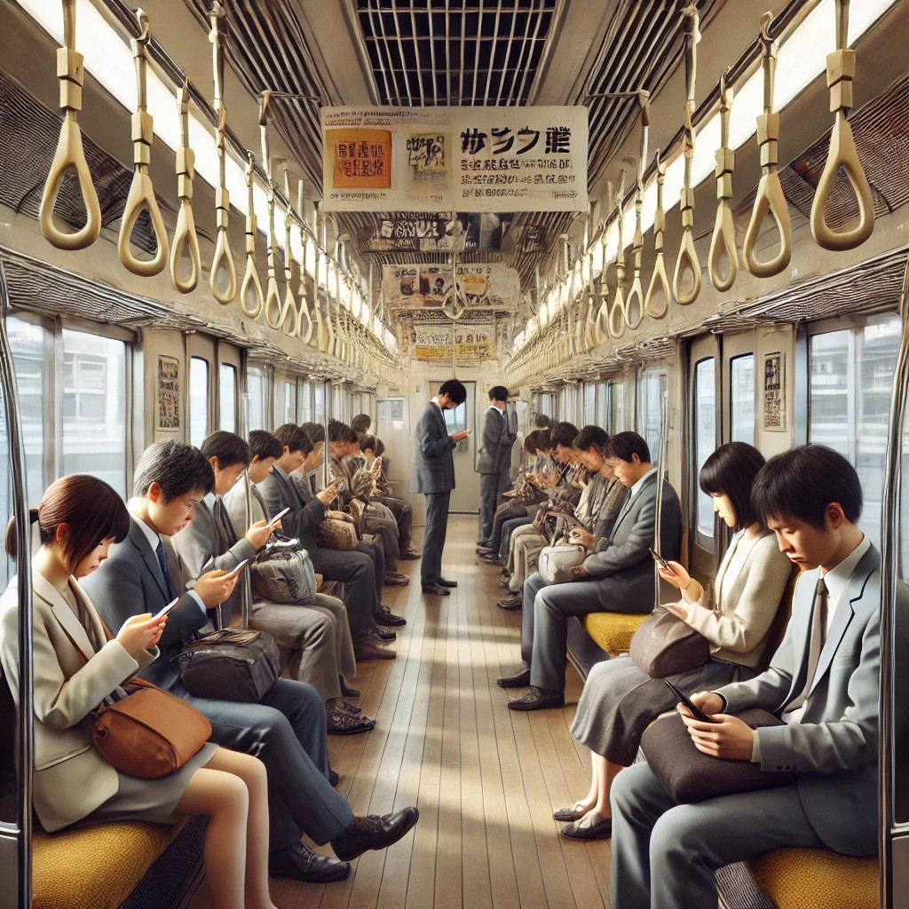 DALL·E 2025-09-30 17.53.28 - A realistic and slightly surreal scene inside a Japanese train. All the passengers, both men and women of various ages, are seated or standing while l.jpg