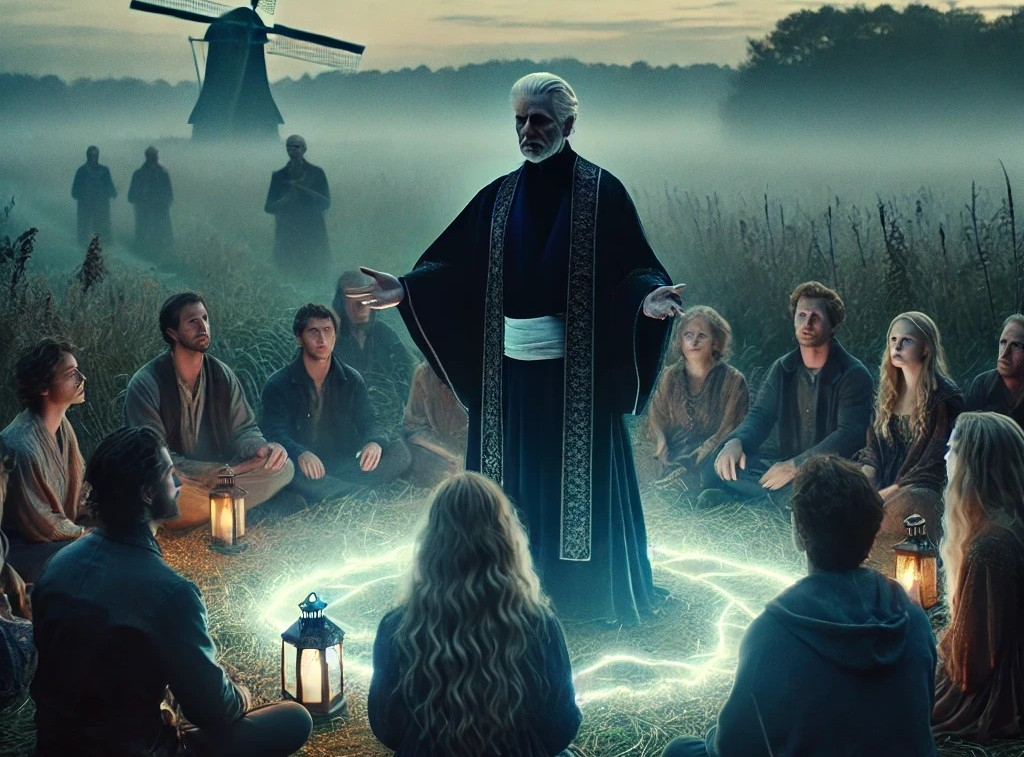 DALL·E 2025-05-01 23.28.17 - In the Dutch countryside during early evening, as dusk settles and the light fades, a group of men and women aged 20s to 50s gather in a wide-open nat.jpg