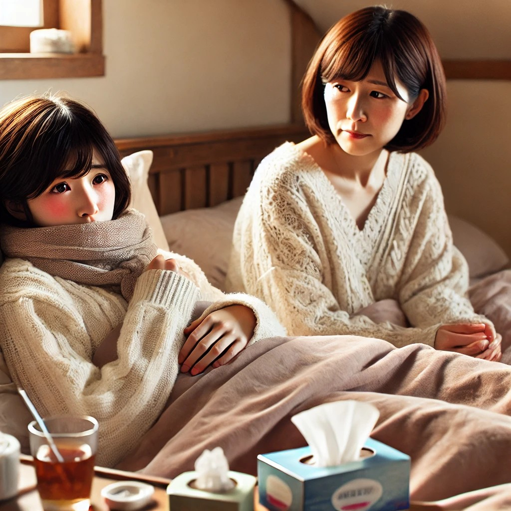 DALL·E 2025-09-13 23.38.48 - A realistic and heartwarming image of a Japanese middle school-aged girl lying sick in bed, looking tired and flushed with a cold. Sitting next to her.jpg