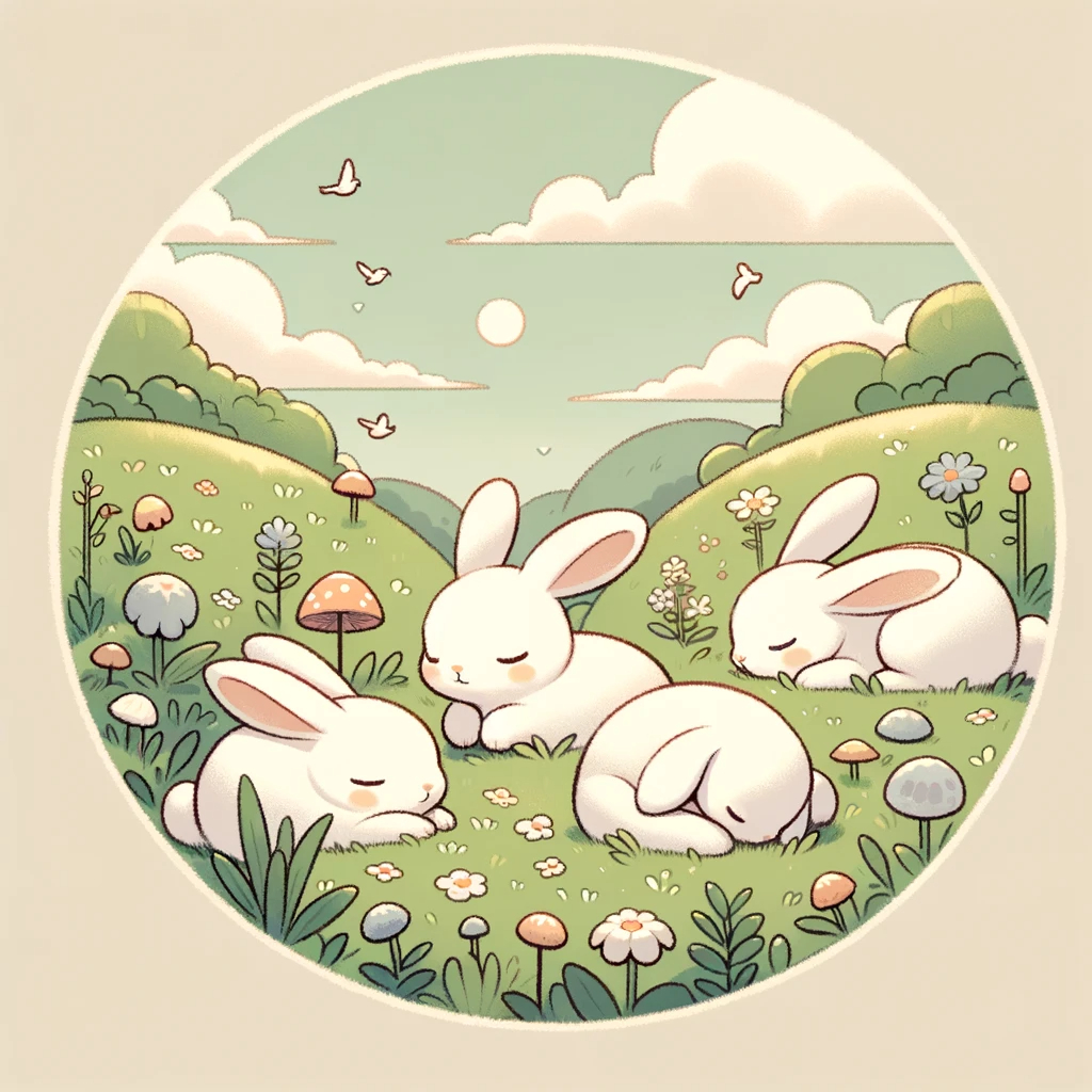 DALL·E 2024-02-18 17.19.52 - Maintaining the seed value 939419416 create an illustration of three white rabbits playing and napping in a meadow The illustration should capture the peaceful and playful essence of .jpeg