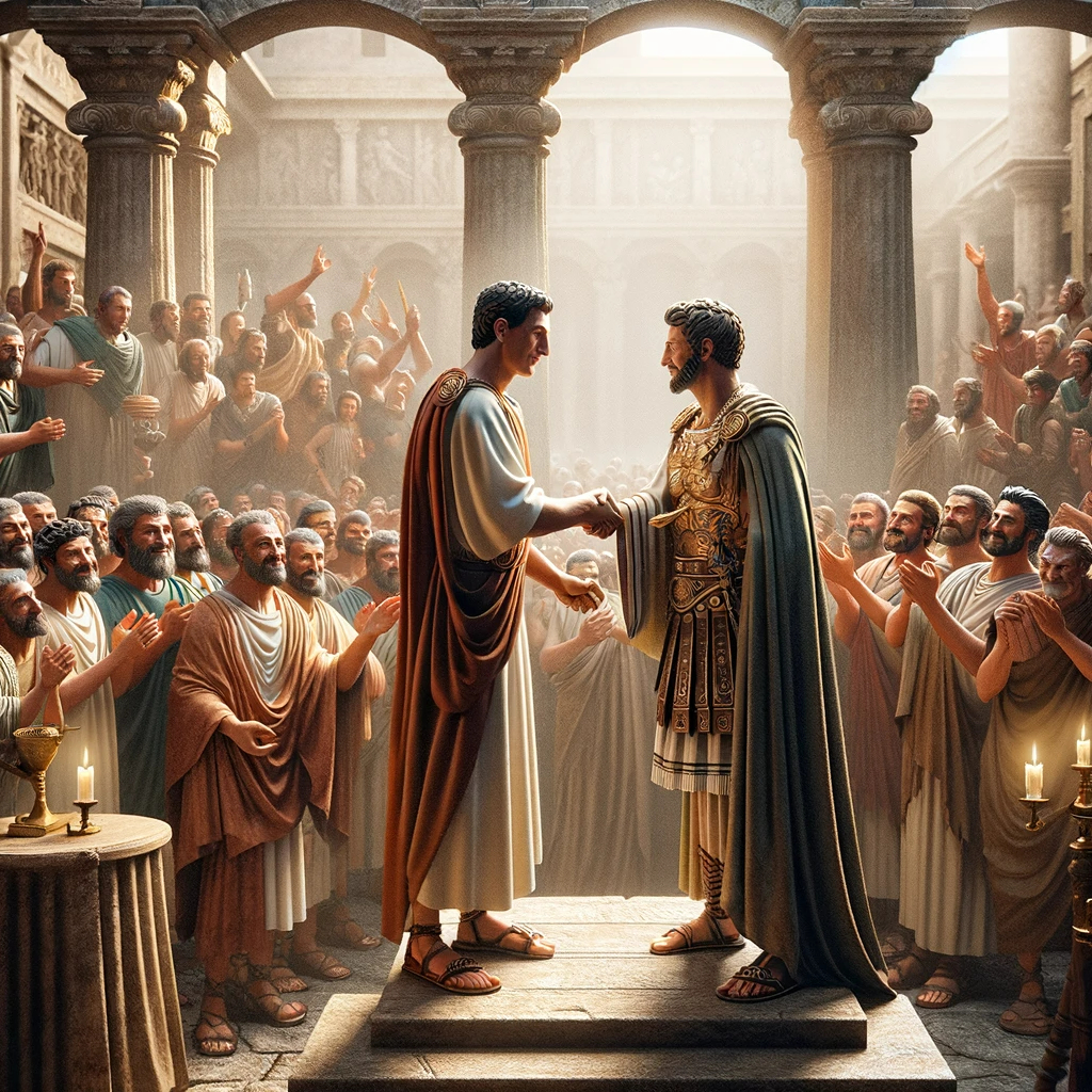 DALL·E 2024-01-23 19.05.21 - In an ancient Roman atmosphere, depict a man and a king shaking hands. The two figures are surrounded by a crowd that is celebrating and admiring the .png