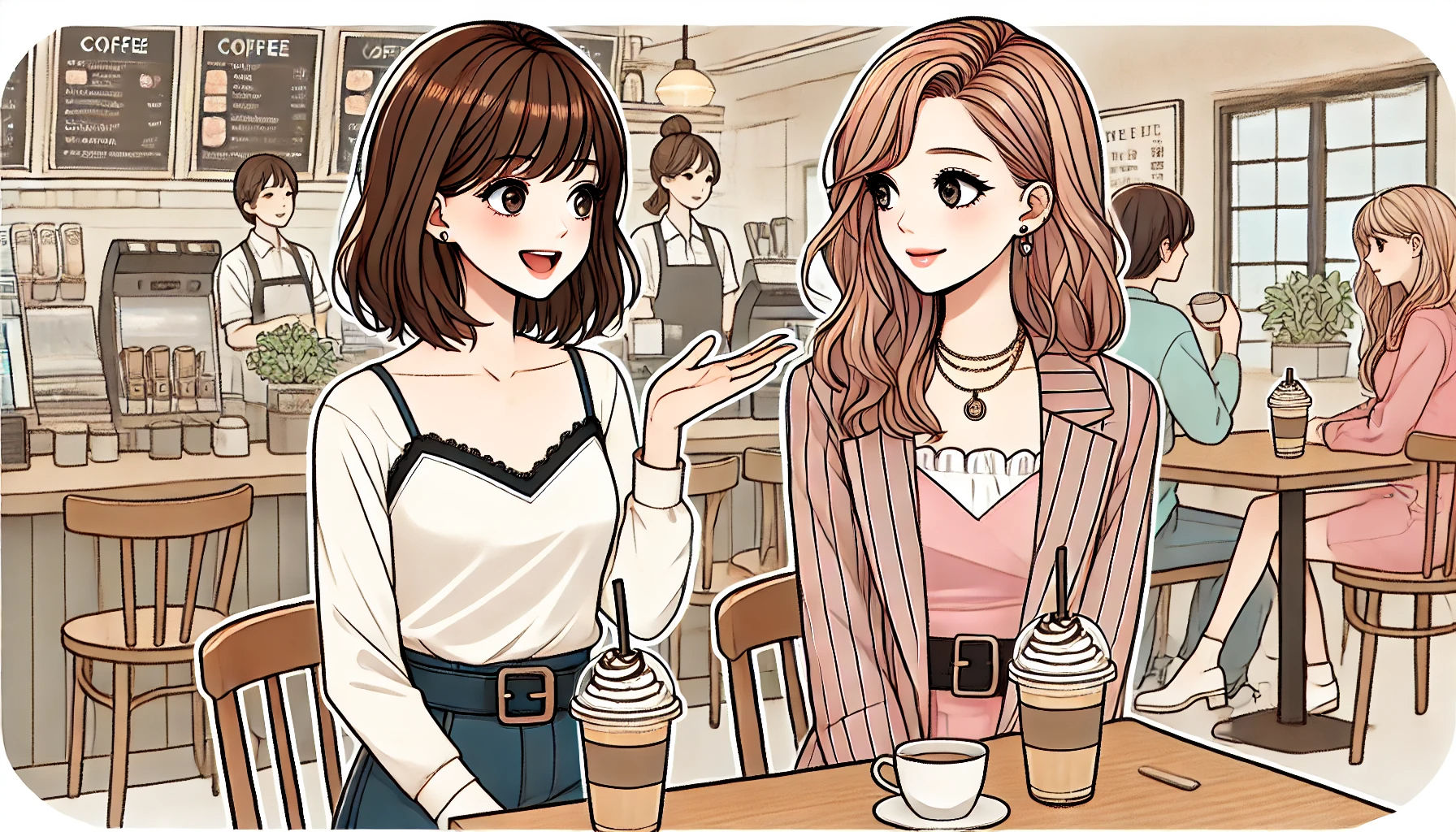 DALL·E 2024-08-29 20.43.39 - Create an illustration of a young woman in her 20s talking with a friend at a café in a stylish Japanese anime style. Both women appear engaged and ha.png