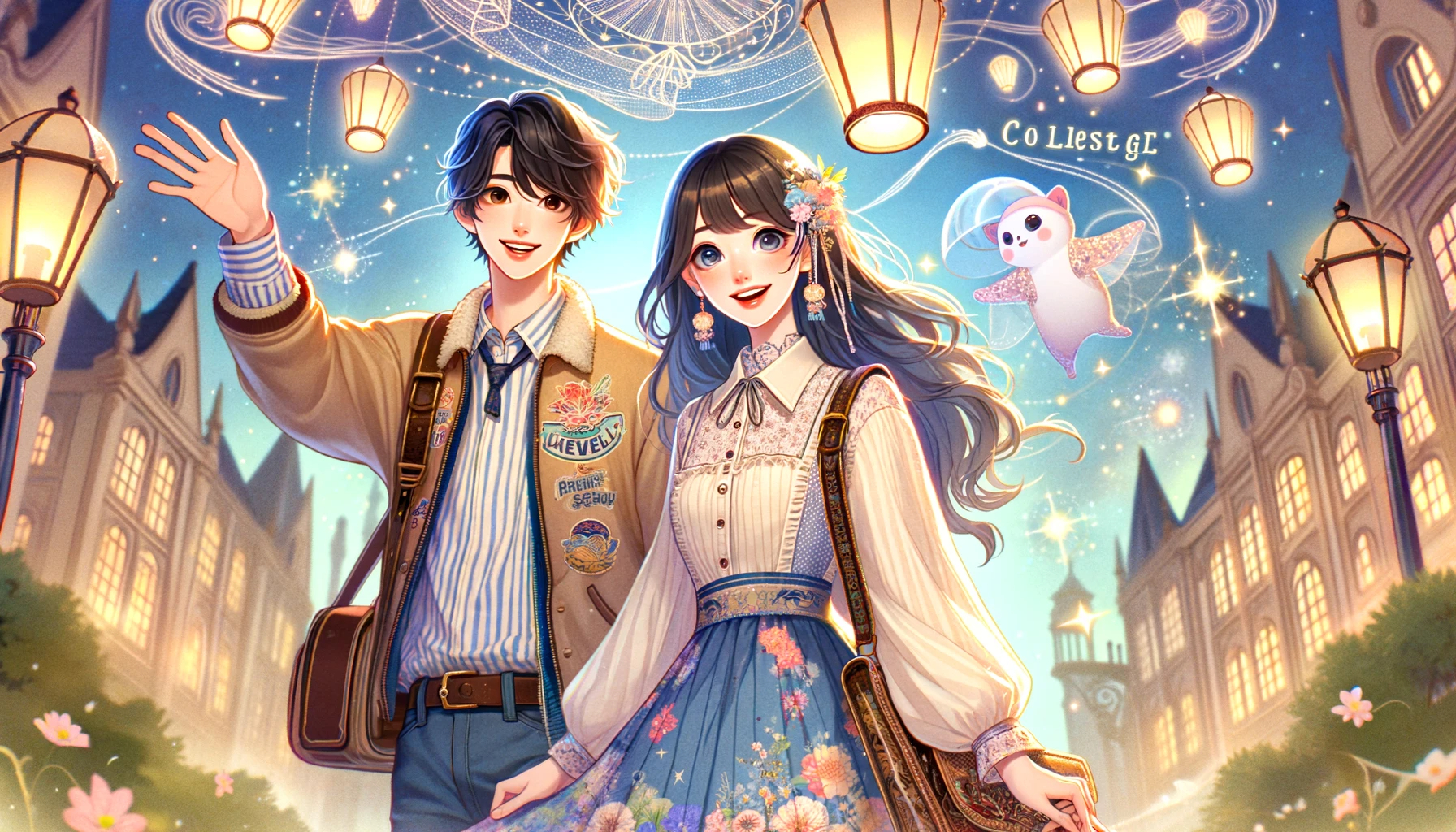 DALL·E 2023-11-07 18.06.13 - Design a whimsical, fairy-tale-like promotional poster featuring a Japanese couple who are college students. They should be smiling and waving, giving.png