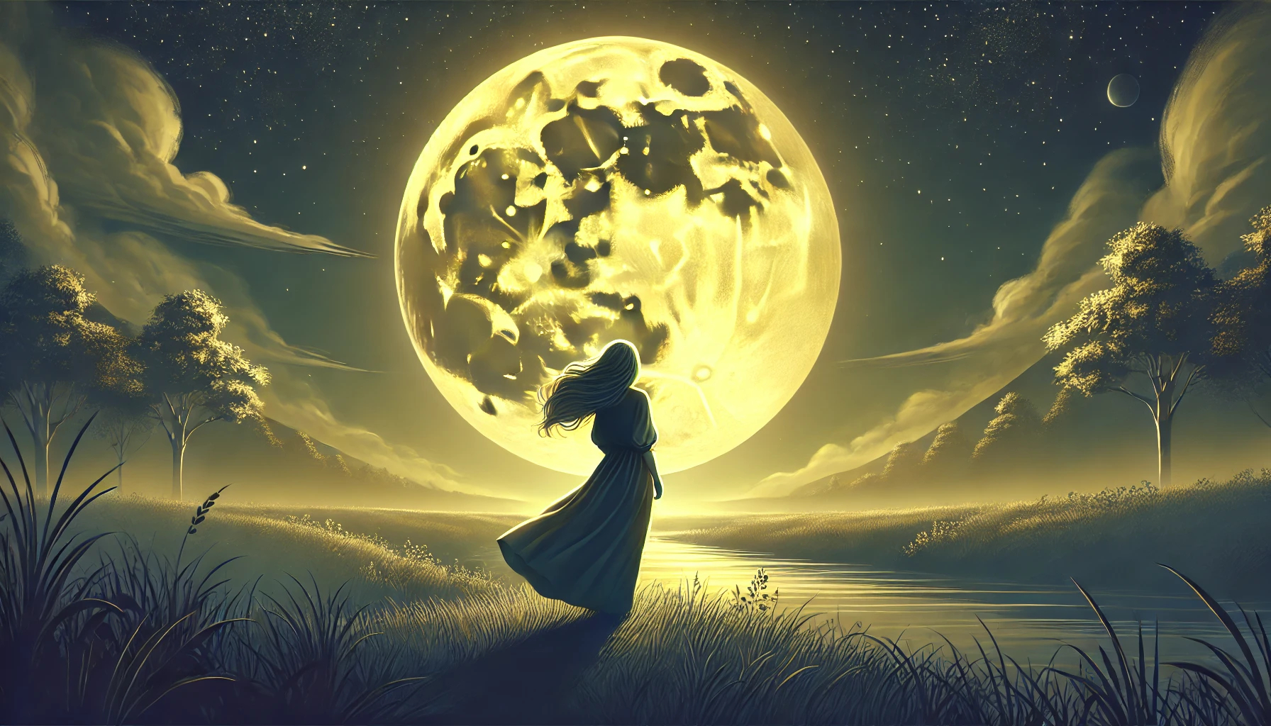 DALL·E 2025-06-23 21.03.15 - A wide aspect ratio illustration of a woman standing under a large, glowing yellow moon in the night sky. The scene is serene and atmospheric. The wom.jpg