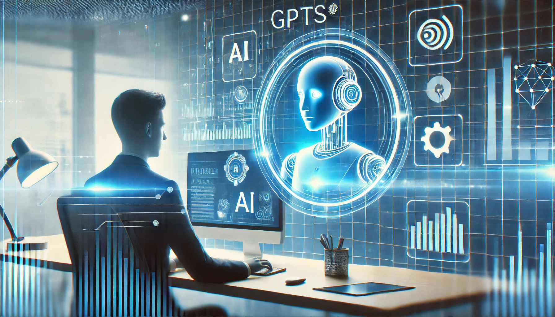 DALL·E 03 'GPTsを使うメリット'. The image shows a business setting where a person is worki.jpg