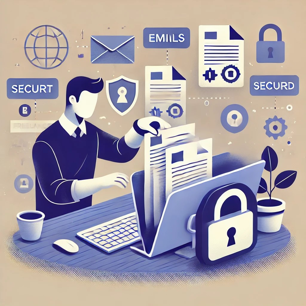 DALL·E 2024-10-30 19.24.45 - An illustration of a freelancer securing their work files and emails digitally, symbolizing the importance of record-keeping for legal protection. The.jpeg