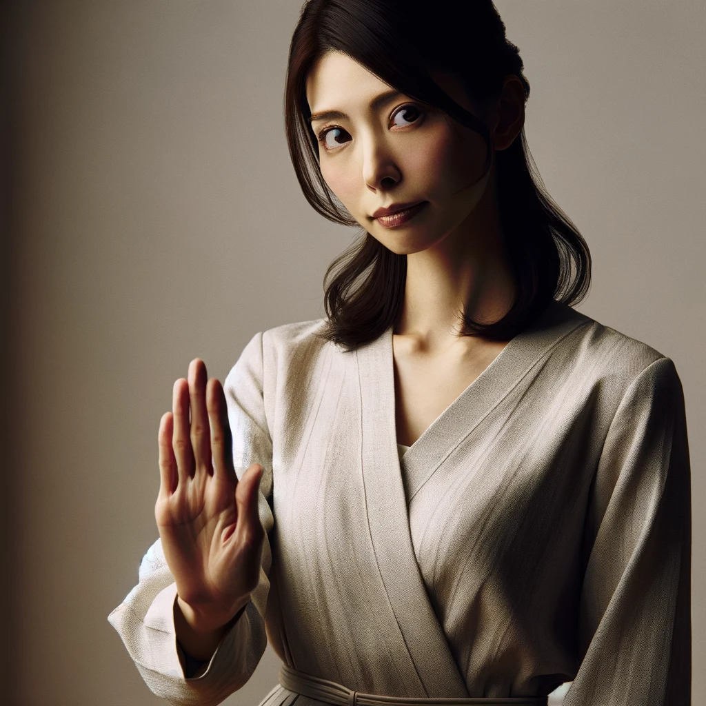 DALL·E 2024-02-06 11.35.39 - A Japanese woman showing a gesture of refusal with one hand, her facial expression conveying a polite but firm denial. She is dressed in a simple, ele.png