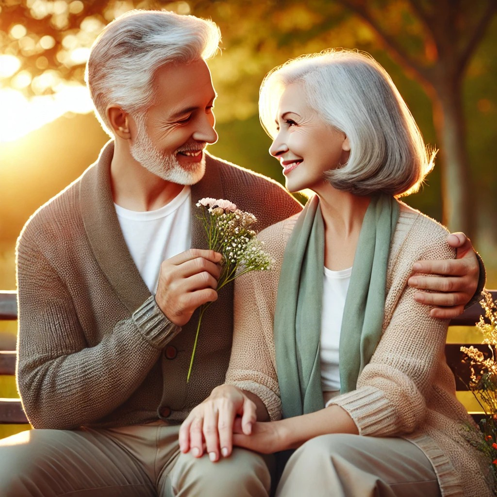 DALL·E 2025-07-08 22.26.30 - A heartwarming scene of two people around age 65 experiencing the beginning of a new romance. They are sitting together on a park bench during golden .jpg