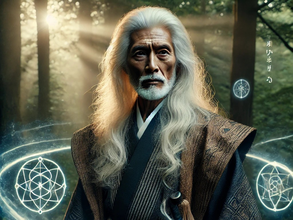 DALL·E 2025-05-07 05.00.35 - A powerful and dignified scene showing an elder male shaman with long white hair, dressed in traditional Japanese clothing. He stands calmly in a natu.jpg