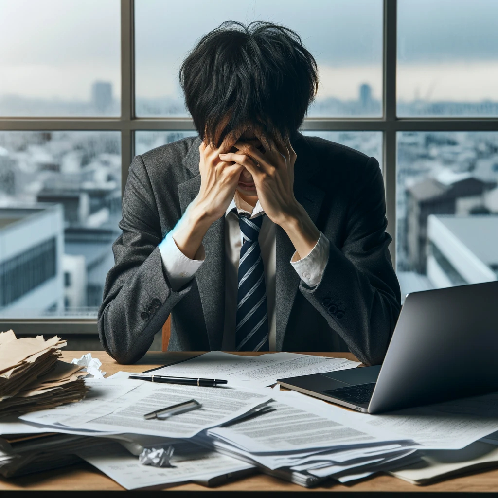 DALL·E 2024-02-26 13.13.13 - A Japanese person with a worried expression, sitting at a desk covered with papers and a laptop, visibly stressed and holding their head in their hand.png