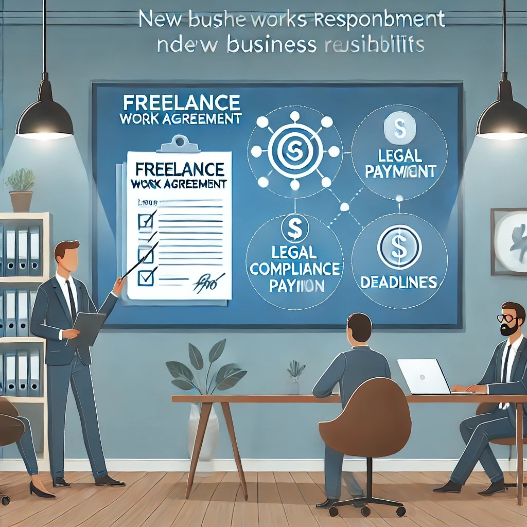 DALL·E 2024-10-21 18.39.07 - An illustration of a businessperson presenting key aspects of a 'Freelance Work Agreement' on a screen, with icons for legal compliance, payment, and .jpeg