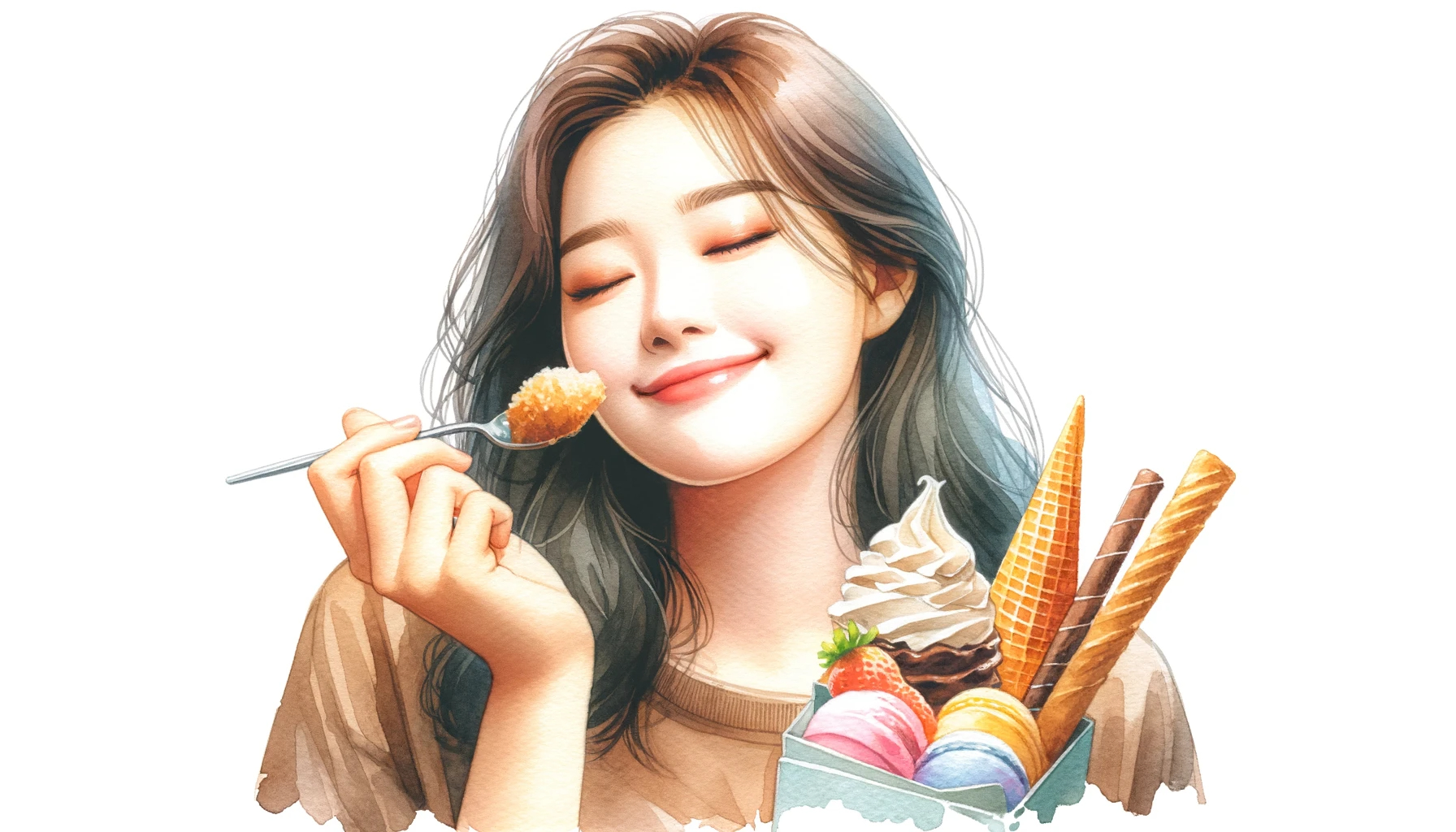 DALL·E 2023-11-09 11.46.30 - A watercolor painting of a Korean woman in her twenties savoring sweet treats. She should be depicted with a pleased and content expression, possibly .png