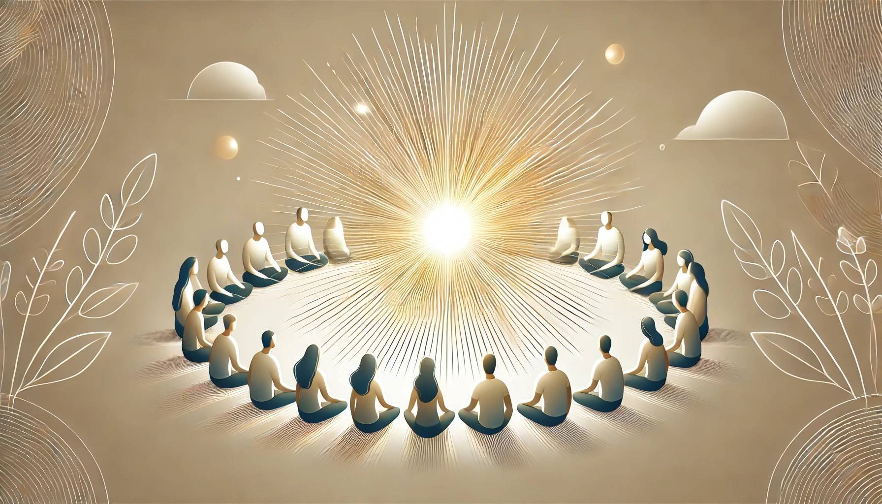 DALL·E 2024-12-20 21.38.48 - A wide, horizontal illustration showing a group of people seated in a circular formation, sharing and channeling radiant light energy that gathers at .jpg