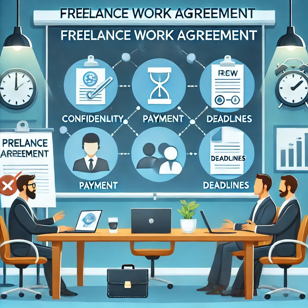 DALL·E 2024-10-21 19.41.41 - An illustration of a business meeting where key aspects of a 'Freelance Work Agreement' are discussed, with icons for confidentiality, payment, and de.jpeg