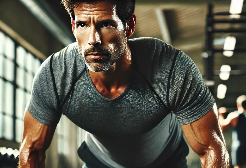 DALL·E 2025-07-08 21.41.26 - A determined man in his 40s working out intensely in a gym. He is doing strength training exercises like lifting dumbbells or doing push-ups, with swe.jpg