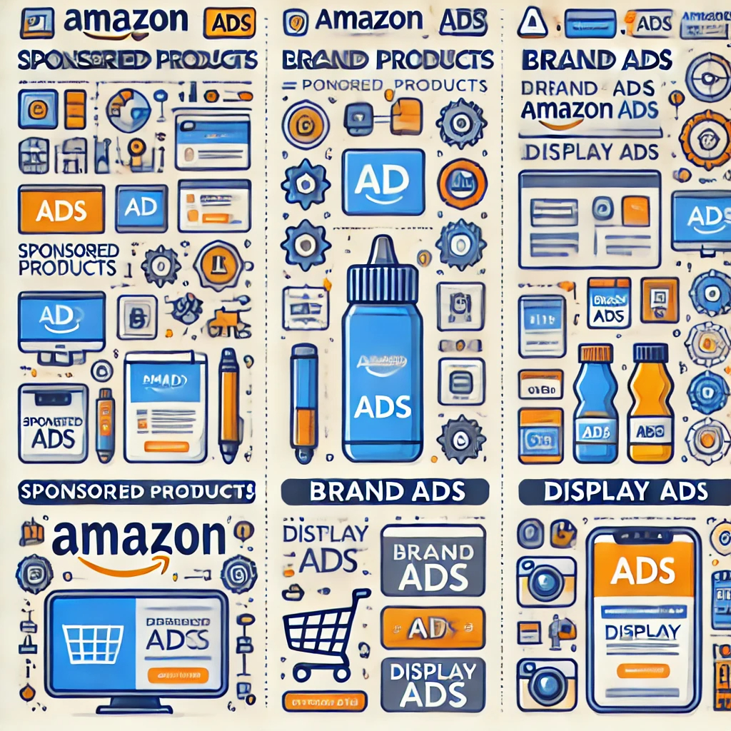 DALL·E 2024-07-03 11.26.10 - A detailed infographic illustrating the different types of Amazon ads_ Sponsored Products, Brand Ads, and Display Ads. The image should include icons .png