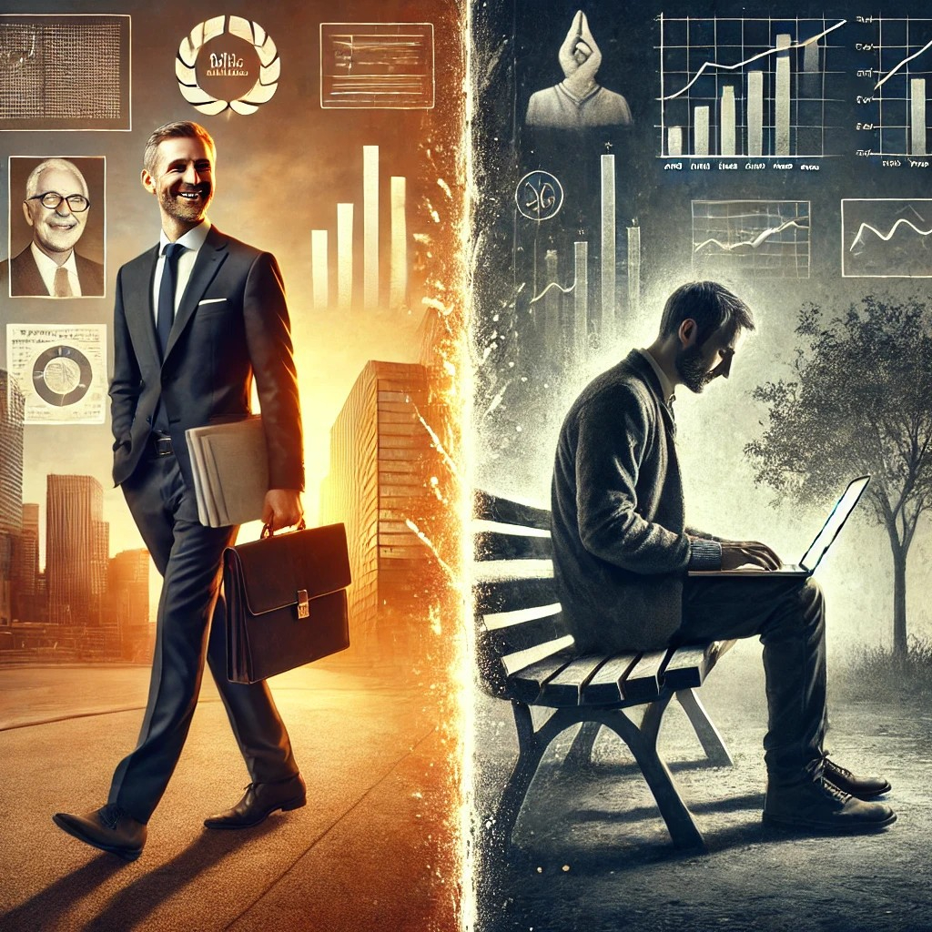 DALL·E 2025-07-19 22.47.53 - A symbolic and emotional scene of two former business partners, showing a contrast in their current paths. On the left, one partner stands confidently.jpg
