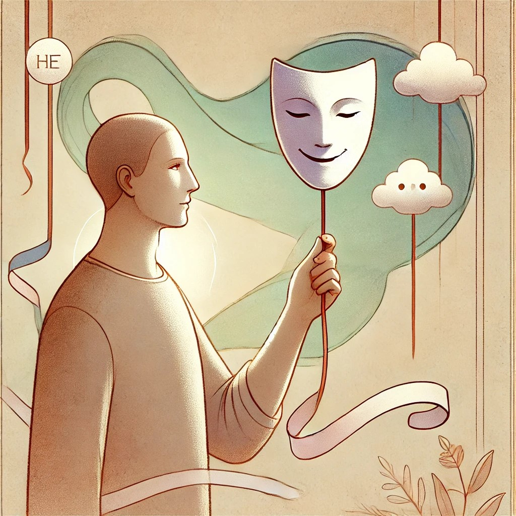 DALL·E 2024-10-24 20.52.25 - A gentle, symbolic illustration showing the theme 'Humans are creatures that lie.' The scene features a person with a calm, neutral expression, holdin.jpeg