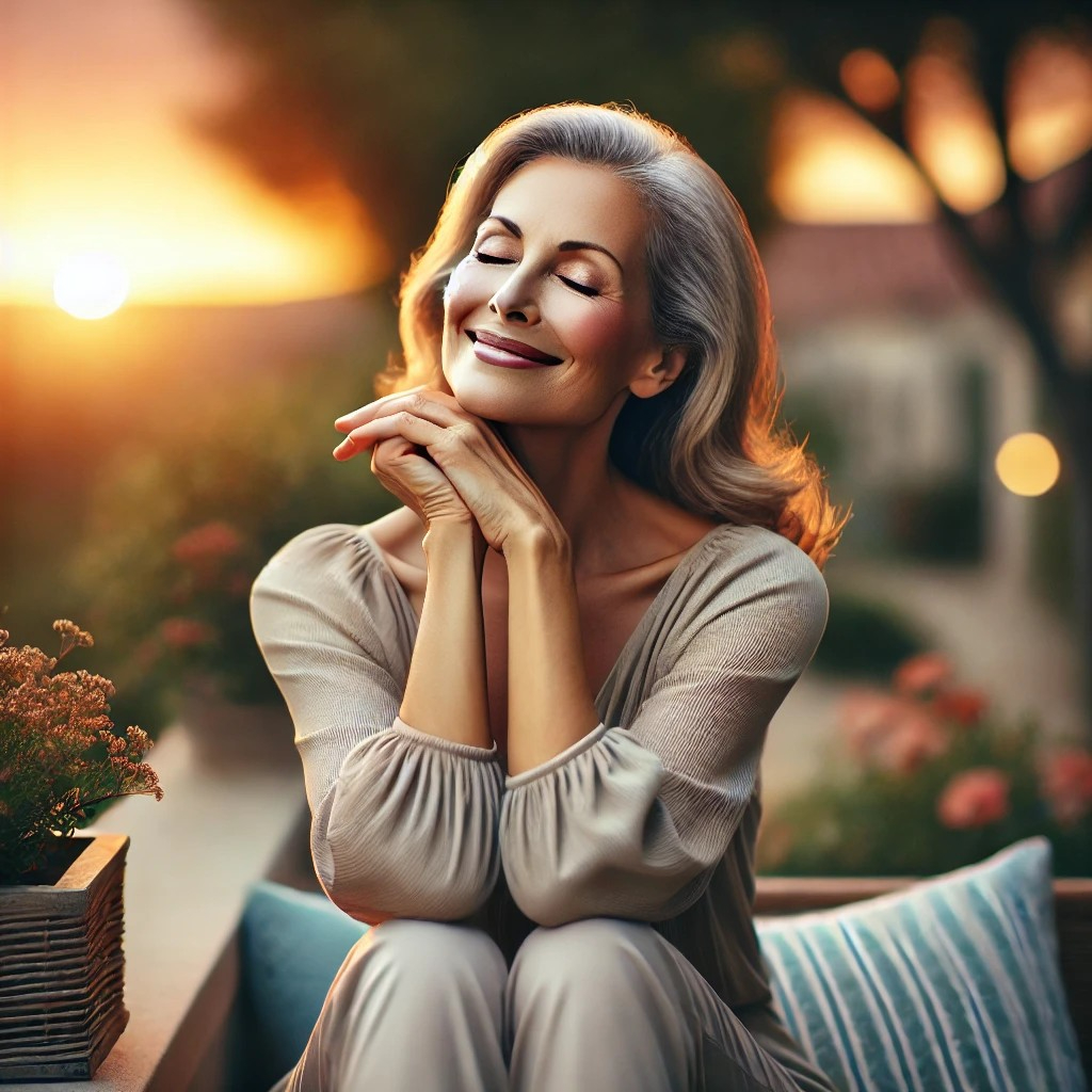 DALL·E 2025-07-17 20.45.14 - A serene and joyful image of a woman who is deeply satisfied with her life. She is in her 50s or 60s, sitting peacefully outdoors in a beautiful garde.jpg