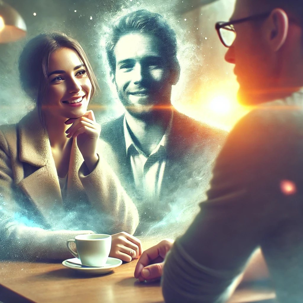 DALL·E 2025-07-17 20.04.41 - A symbolic and emotional image of a person talking to someone they just met, while remembering a close friend from the past who looks very similar. Th.jpg