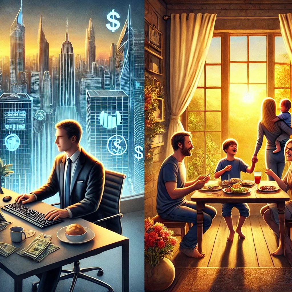DALL·E 2025-07-17 20.31.51 - A symbolic side-by-side image showing two possible future paths for a person. On the left side, a business-focused future_ a person in a sleek suit is.jpg
