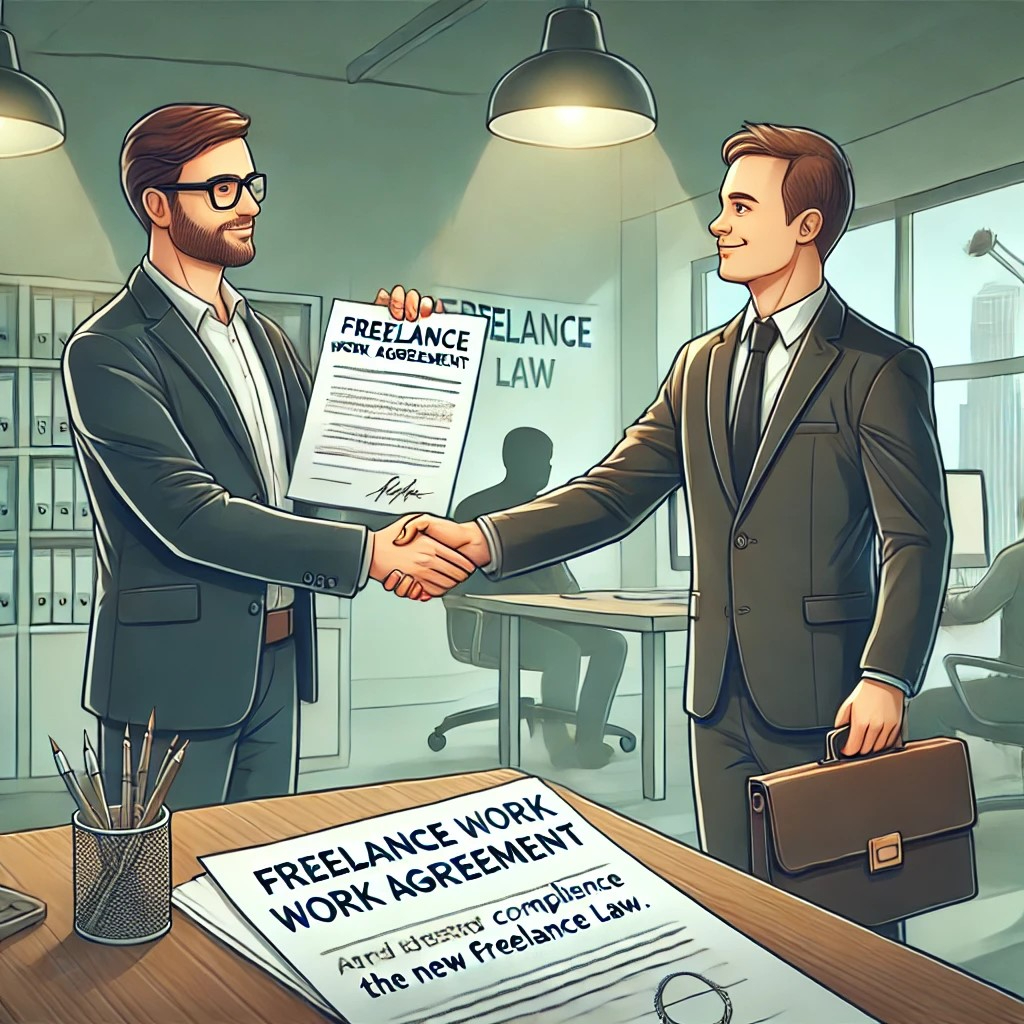 DALL·E 2024-10-21 15.31.53 - An illustration of a businessperson shaking hands with a freelancer after signing a 'Freelance Work Agreement,' symbolizing a successful agreement and.jpeg