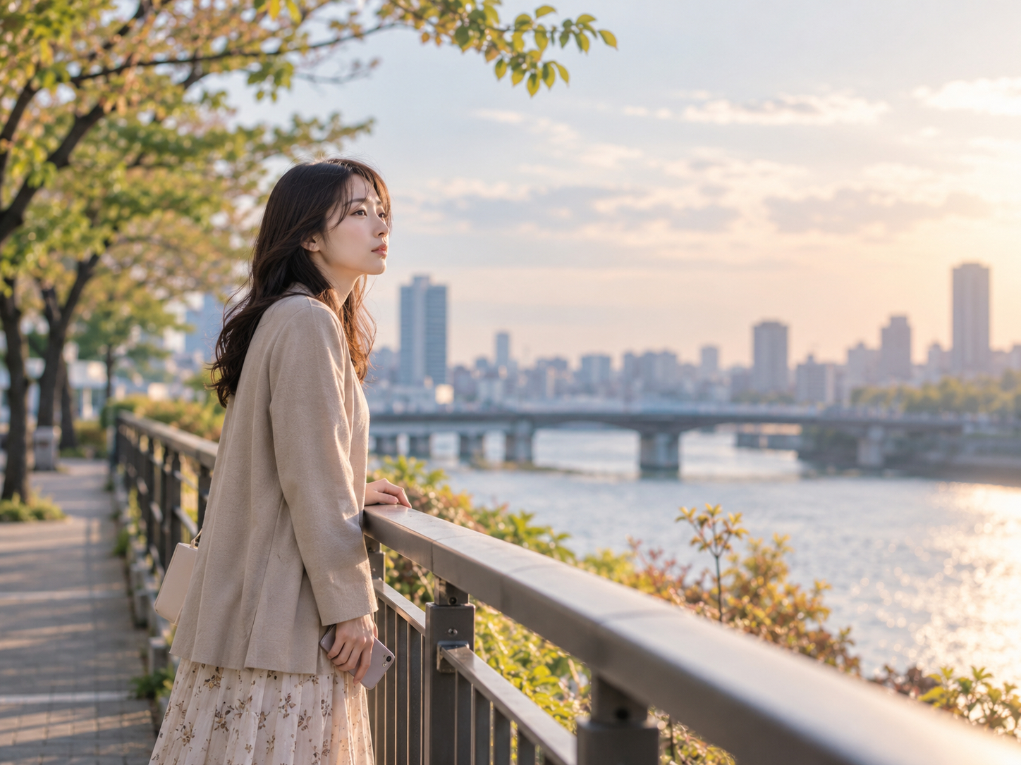 夕暮れの川辺に佇む女性.png