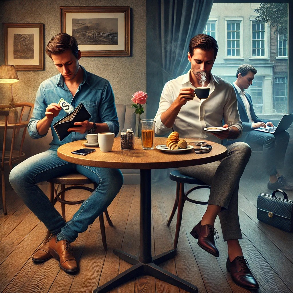 DALL·E 2025-07-17 20.12.39 - A symbolic scene set in a cozy café showing two contrasting men sitting at adjacent tables. On the left, a casually dressed man looks stressed and fru.jpg