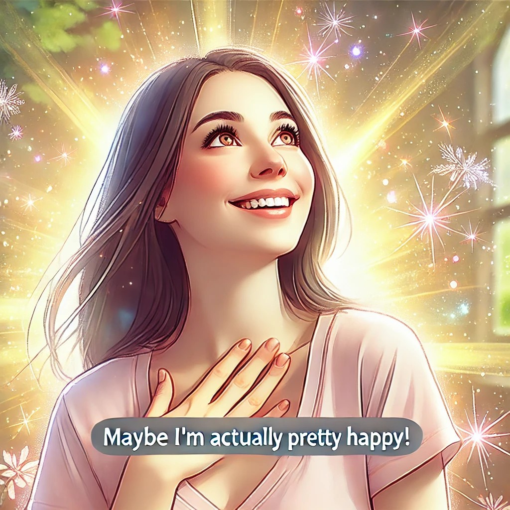 DALL·E 2025-08-08 19.34.49 - A bright and uplifting image of a woman realizing, 'Maybe I’m actually pretty happy!' Her eyes widen with pleasant surprise and her smile grows natura.jpg