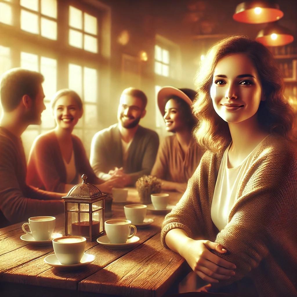 DALL·E 2025-12-28 14.00.30 - A warm, cozy café scene with a group of people sitting together and chatting happily. At the center is a woman with a soft, gentle expression, her pre.jpg