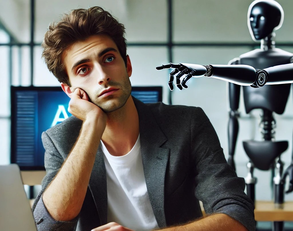 DALL·E 2025-05-10 06.03.50 - A 20-something man who looks disengaged and passive, sitting at a desk with a blank expression. He appears to be relying entirely on AI or technology,.jpg