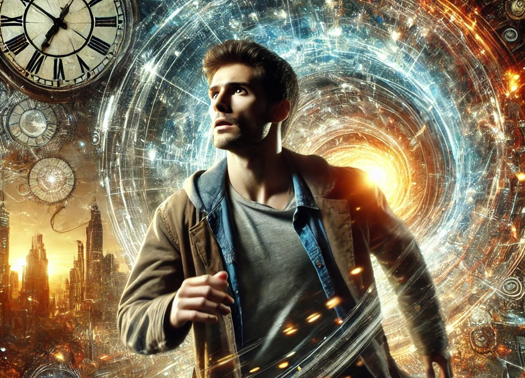DALL·E 2025-05-18 00.09.14 - A man in his 30s is shown mid-time travel, surrounded by swirling lights, fragmented clocks, and glowing portals. His expression is a mix of awe and d.jpg