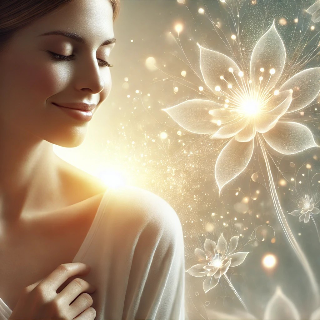 DALL·E 2025-11-04 14.13.28 - A serene and uplifting image of a woman gently smiling with her eyes closed, bathed in soft morning sunlight. Behind her, abstract glowing patterns re.jpg