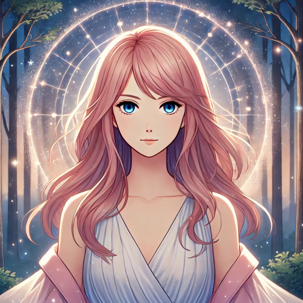 DALL·E 2025-02-04 07.03.34 - A sophisticated anime-style illustration of a young woman with pink hair standing in a mystical forest at twilight. She has a calm yet determined expr.jpg