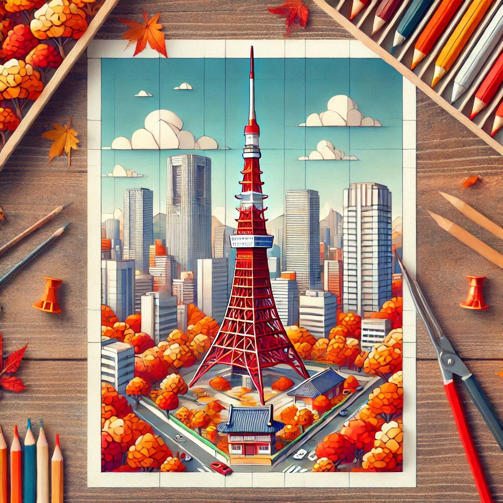 秋景色の東京タワーだけのイラストをペーパークラフト調で描く。文字はイラストの中には絶対描かないこと.png