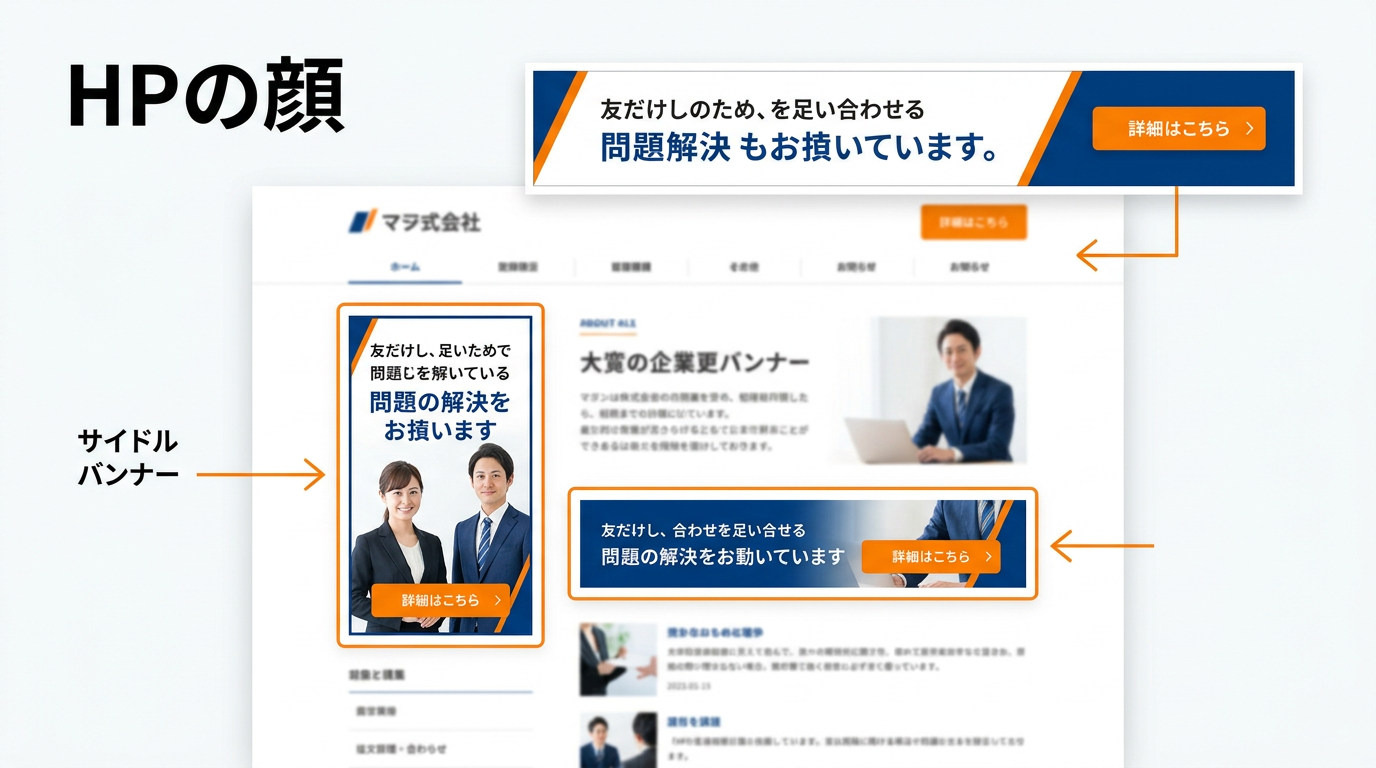 Firefly_■見出し：【ホームページ（HP）で成果を出すバナー戦略】_プロンプト：Horizontal image, aspect ratio 16-9. Friendly, sup 433032.png