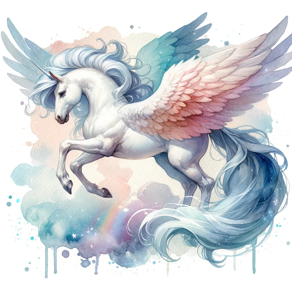 DALL·E 2023-11-25 18.33.28 - A watercolor painting style image of a Pegasus, depicted with translucent watercolor touches. The colors are soft with delicate gradations, emphasizin.png