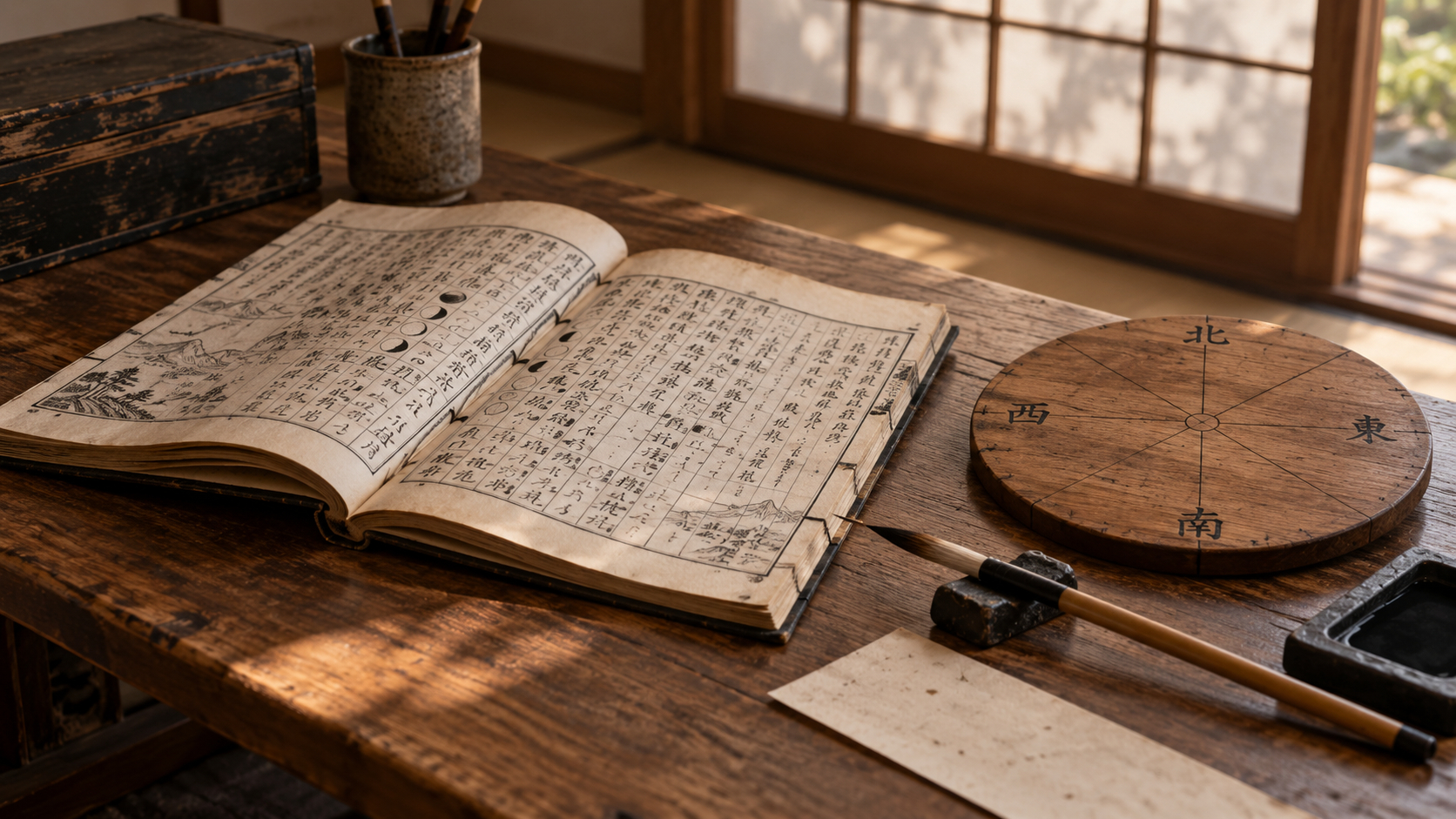 障子越しの光と古書の机.png
