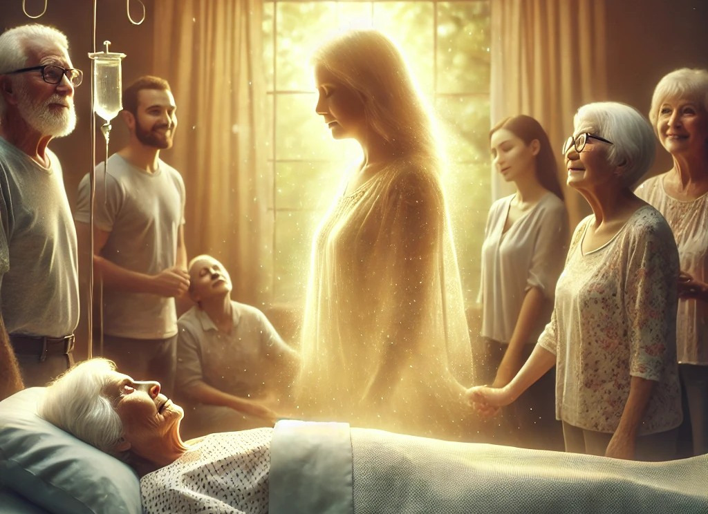 DALL·E 2025-05-19 18.55.34 - An elderly woman’s spirit floats gently near the ceiling of a hospital room, looking down peacefully at her lifeless body resting on a hospital bed. T.jpg
