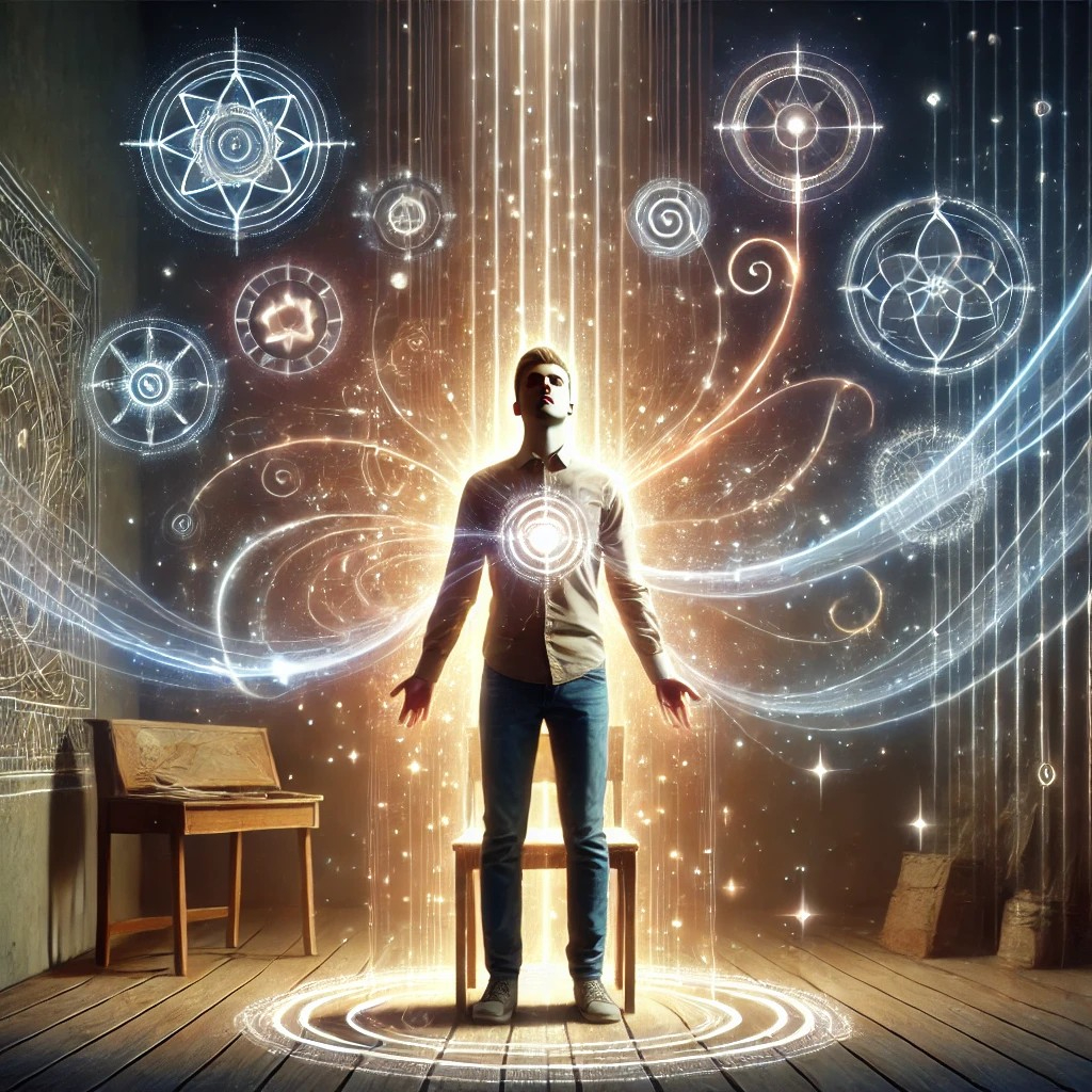 DALL·E 2025-07-19 22.52.11 - A symbolic and mystical scene showing an ordinary person beginning to awaken supernatural abilities. The person, dressed in everyday casual clothing, .jpg